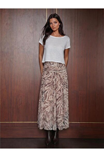 WeShaya Ecru Patterned Chiffon Lined High Waist Pleated Long Flared Skirt