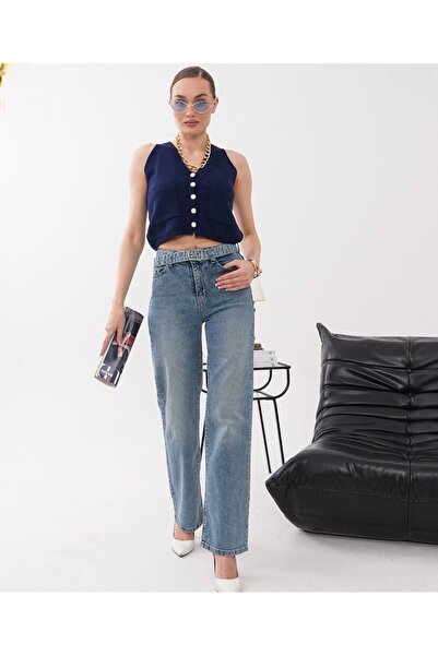 Budan Export Women's Belted High Waist Wide Leg Vintage Jeans