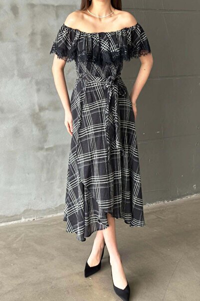 Caddebostan Moda Women's Plaid Lace Detailed Madonna Collar Belted Midi Dress
