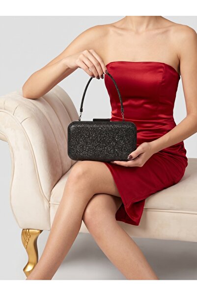 Biçanta Black Sequin Embroidered Women's Evening Dress Bag with Black Stone H...