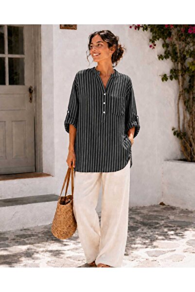Butik Şans Women's Striped Button Detailed Oversize Three Quarter Sleeve Ital...