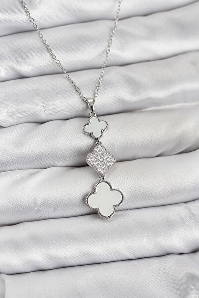 Generic Brand 316L Steel Chain Silver Color Clover Detailed Zircon Stone Wome...
