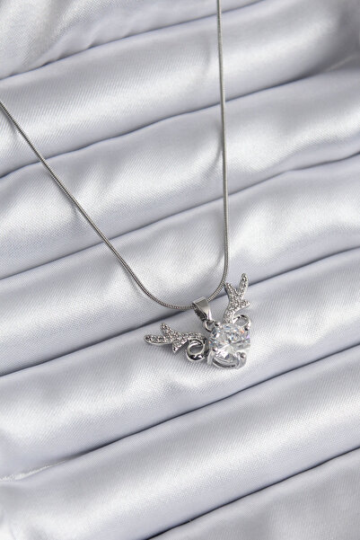 ETC 316L Steel Silver Color Zircon Stone Horn Model Women's Necklace 5886 - M...