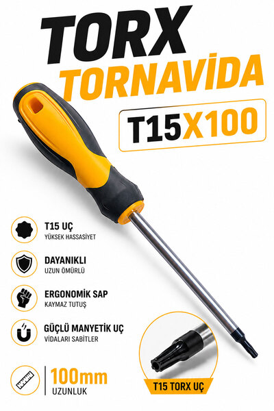 Badem10 Torx Tornavida T15x100 Manyetik Uçlu Ergonomik Kaymaz Saplı Dayanıklı...