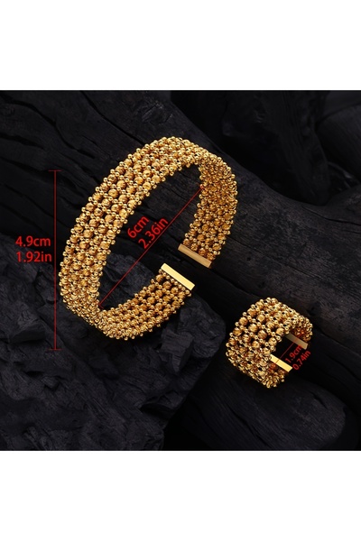 jewerlystore طقم إسوارة وخاتم فاخر مطلي بالذهب عيار 24 قيراط مع خرز شبكي، مثا...