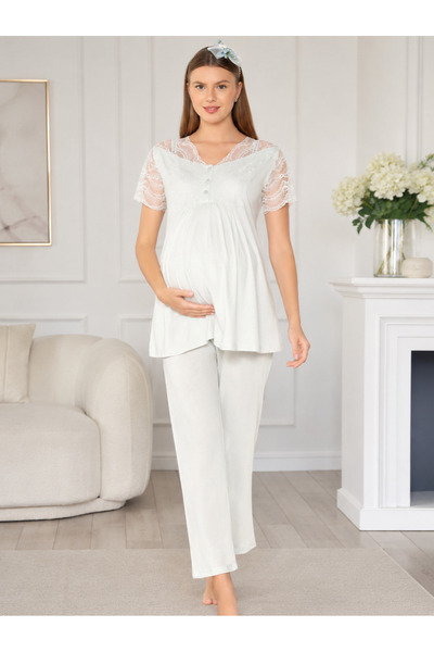 FLZ Maternity Short Sleeve Lace Detailed Pajama Set 24-02