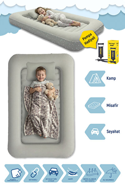Livenzi Nature Çocuk Şişme Yatak & Yastık + Manuel Şişirme Pompası (160 × 105...