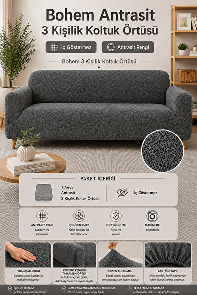 BTF HOME Bohem Jakarli Elastic 3-Seater Sofa Cover Non-Slip, Flexible Washabl...