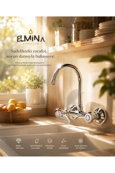 ELMİNA ARMATUR Klasik Krom Eviye Bataryası Duvar Tipi Mutfak Musluğu Klasik B...