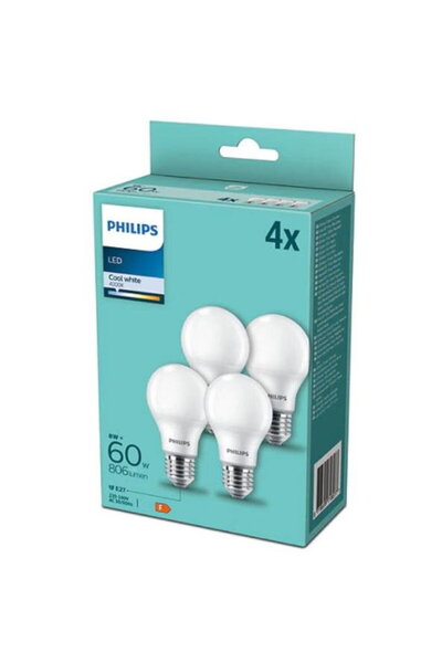 Philips Pachet de 4 becuri LED A60, E27, 8W (echivalent 60W), 806 lm, lumină ...