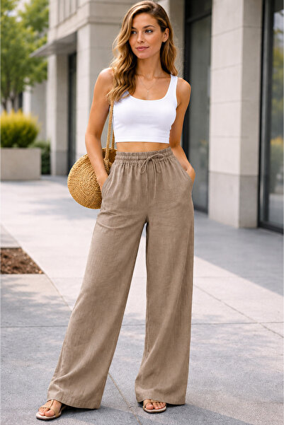 ikomteks Mink Linen Look Elastic Waist Palazzo Trousers