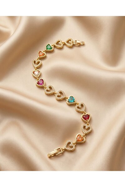 Mum Aşkı Colorful Heart Stone Zircon Detailed Bracelet
