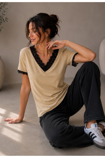 MODA141 Women's V-Neck Lace T-Shirt