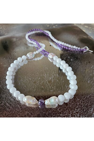 DRUZY Long necklace with amethyst, jade, and white jade pearls, Serenity#16 p...