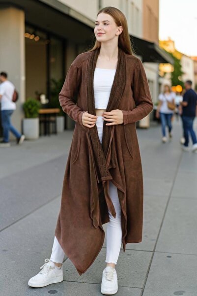 SHOPPEBUTİK Women's Shawl Collar Belted Long Pocketed Loose Cotton Knitwear C...