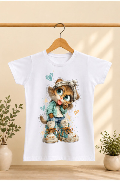 ModaXen Children's T-Shirt with Lettering and Kitten Print, 100% Cotton, Shor...