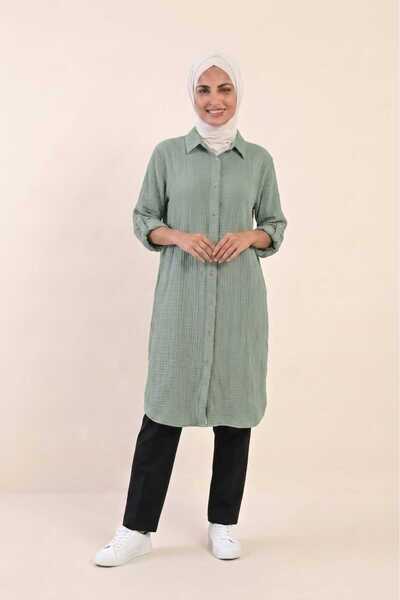 PORİENTO Mint Green Women's 100% Cotton Muslin Fabric Long Sleeve Hijab Shirt...