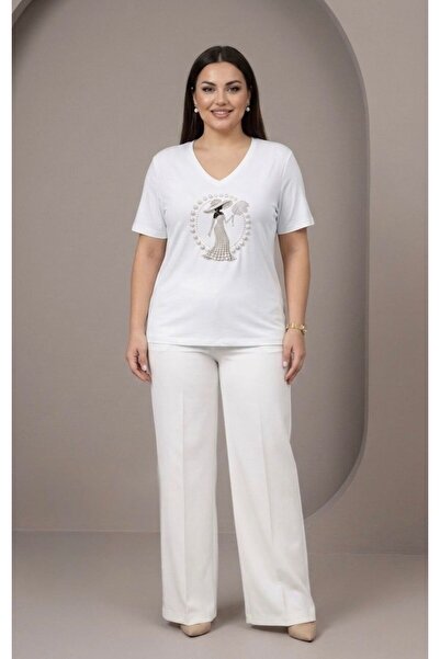 SİBELİZE V-Neck Pearl Stone Embroidered Premium T-Shirt with Female Figure on...