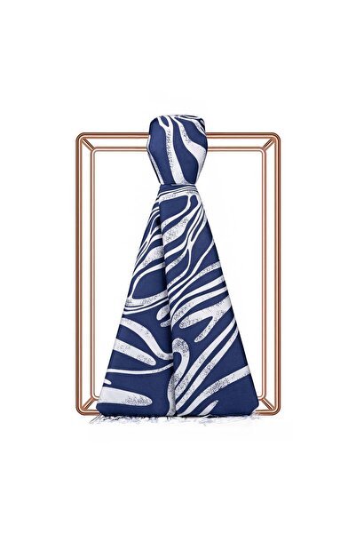 ipekevi Ocean Breeze Patterned Silk Shawl 09204-White Navy Blue