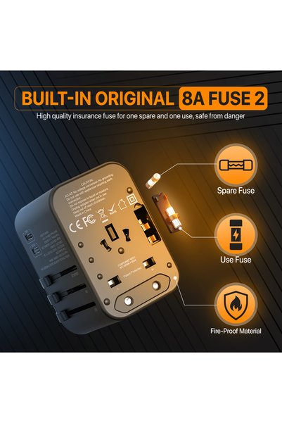 Generic شاحن ومحول سفر عالمي 35 واط شحن سريع PD/QC3 مزود بـ 5 منافذ وفيوز حماية 8A متوافق مع كافة المقابس الدولية (US/EU/UK/AU)