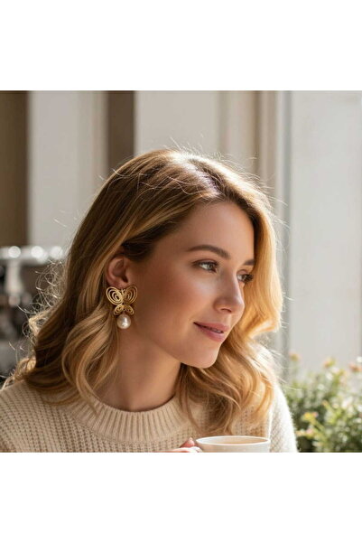 HOBİSY GIFT SHOP Pearl Museum of Innocence Butterfly Dangle Steel Earrings No...