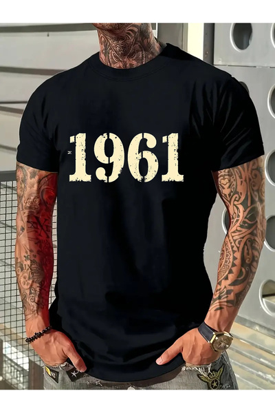 yiou trendy clothing تي شيرت رجالي من القطن الخالص بطباعة ريترو 1961