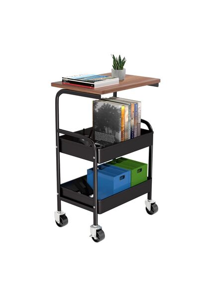 YESMAX Rolling Cart with Wooden Tabletop, 3 Tier Metal Utility Cart, Rolling ...