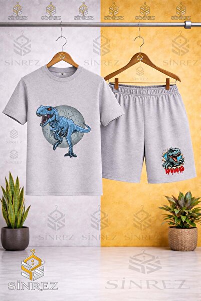 SİNREZ Crew Neck Dinosaur Blue Circle Printed T-Shirt - Shorts Set