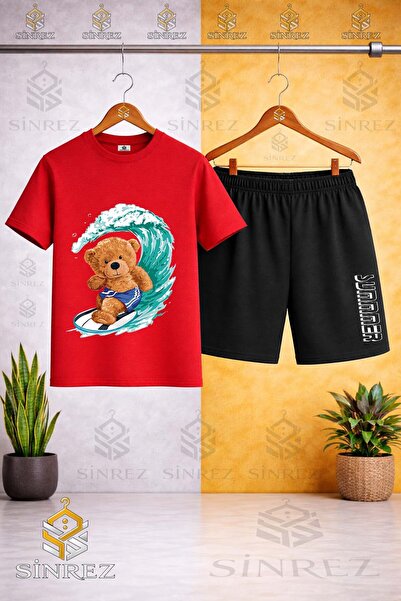 SİNREZ تي شيرت مطبوع عليه شعار BISIKLET YAKA AYICIK SHORT WEARING SURF - طقم ...