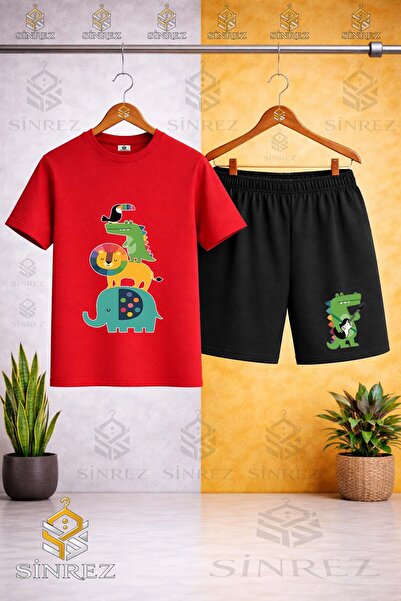 SİNREZ Crew Neck Animal Ust Uste Multi Printed T-Shirt - Shorts Set