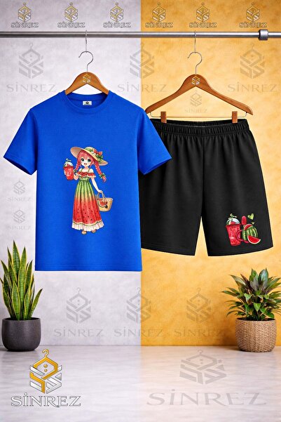SİNREZ Crew Neck Kids' Girls Watermelon Combination Printed T-Shirt - Shorts Set