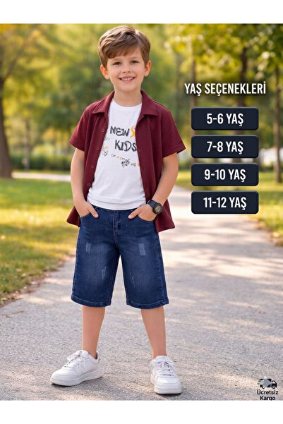 gülerçocuk Boys' Summer Short Sleeve Shirt T-Shirt and Jean Shorts Cotton Com...