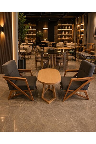 larissa design BALKON BAHÇE TAKIMI ÇAY SETİ (2 ADET BEJER AHŞAP SEHPA)