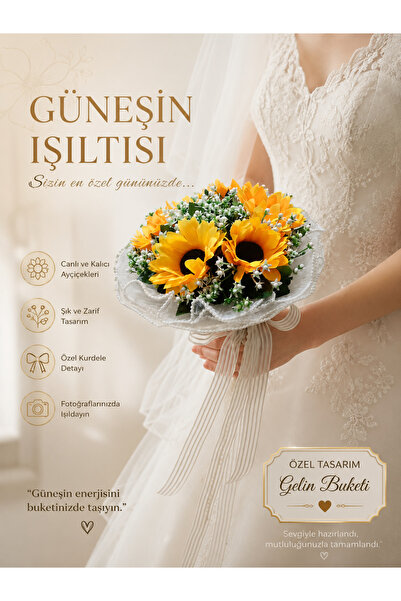 Acarflowers AYÇİÇEĞİ VE CİPSOLU TÜLLÜ GELİN BUKETİ