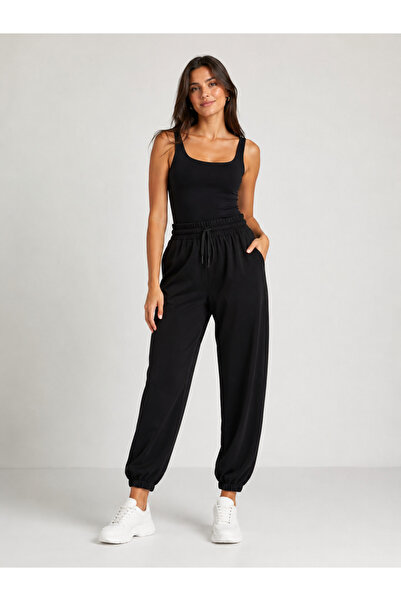 Trendline Women's Black Modal Fabric Sweatpants with Elastic Waist and Cuffs