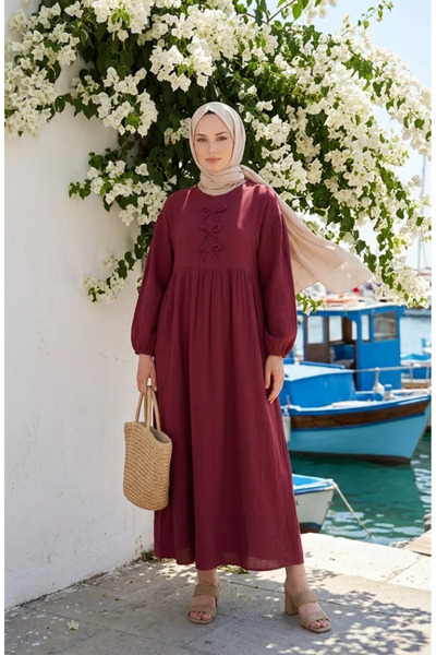 sefamerve Muslin Fabric Bow Detailed Hijab Dress 2272-01 Dusty Rose