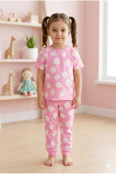 Baby Kız Çocuk Kısa Kol 2'li Pijama Takımı %100 Pamuk Süprem Çiçek Desenli