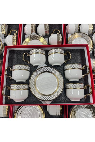 konak alışveriş Porcelain Embossed Gilded 6-Piece Coffee Cup Set
