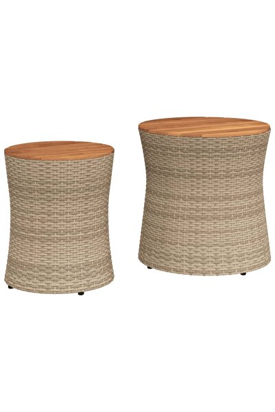 vidaxl Garden side tables with wooden top 2 pcs. beige polyrattan