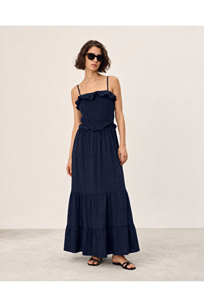 Vireo Club Women's Navy Blue Adjustable Strap Maxi Muslin Dress