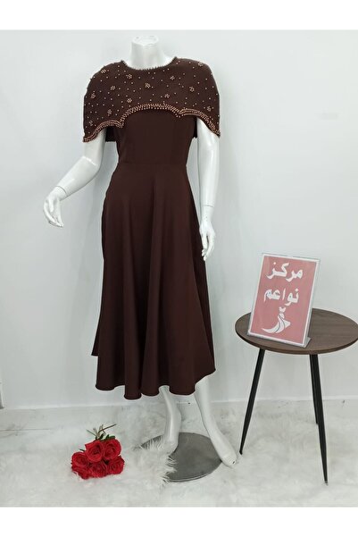 NAWAEIM Barbie Brown Midi Evening Dress with Pearl Embroidered Capelet