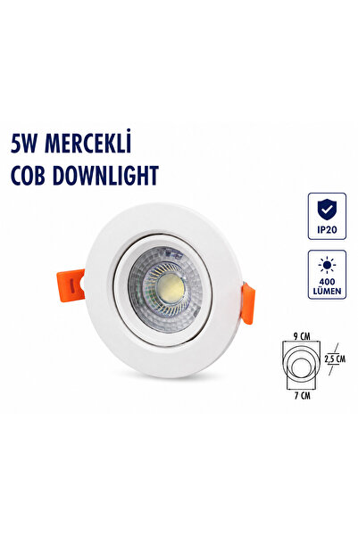 Lampist 5W Beyaz Kasa Mercekli Yuvarlak Cob Downlıght 3000K