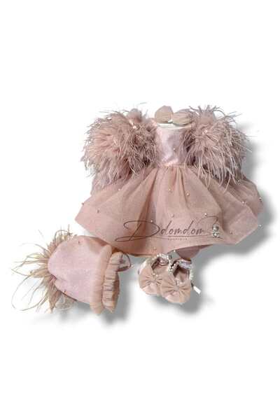 Domdom Boutique Set Rochiță Botez Raisa cu Pene, Mânecă Scurtă, Botoșei și Bo...