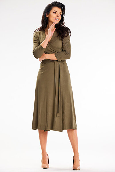 Awama Rochie Midi Dama, Decolte Petrecut, Fusta Evazata, Maneci 3/4, Talie Ev...