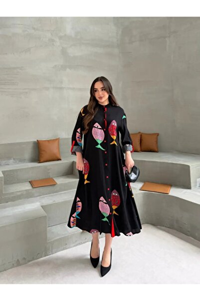 Cool & Sexy Fish Patterned Shirt Dress Black