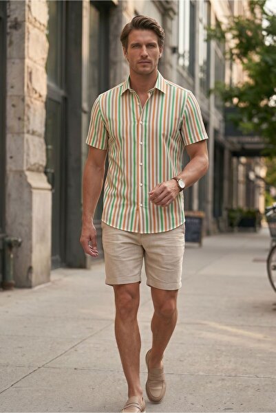 Louis Fabel Short-Sleeved Men's Shirt with Multi-Colored Pattern on a White B...