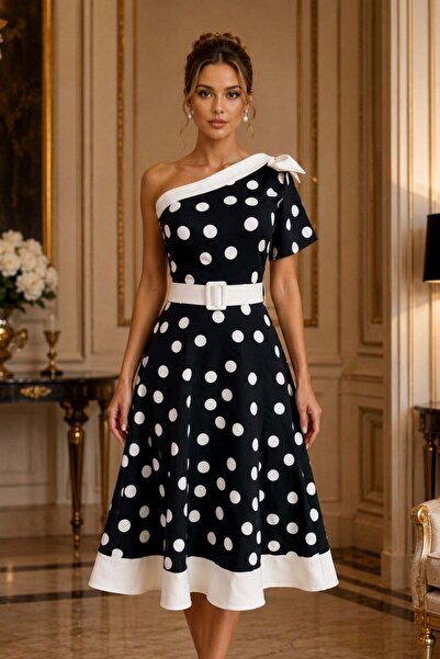 Mossta Single Sleeve Belt Detailed Polka Dot Woven Dress - Black