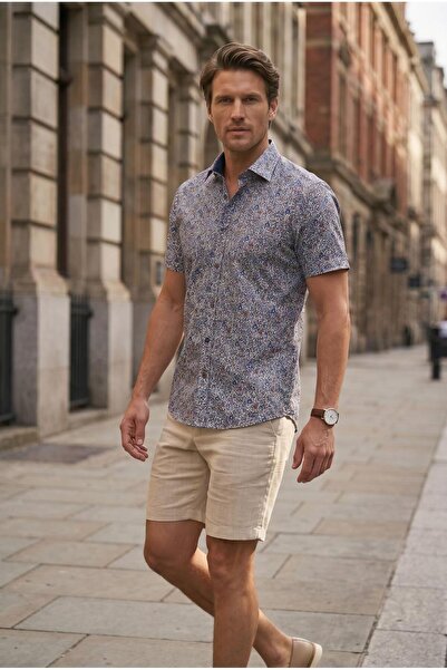 Louis Fabel Colorful Micro Floral Patterned Short Sleeve Men's Shirt