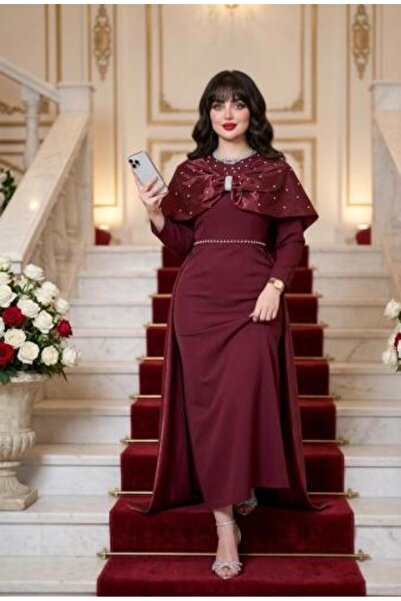 vela Burgundy Dress with Shiny Embellished Cape