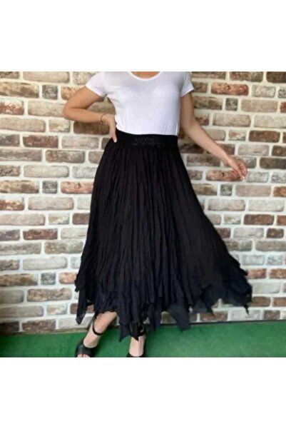 NUR TEKSTİL kadın siyah %100 Pamuk şile bezi beli lastikli etnik-otantik etek,